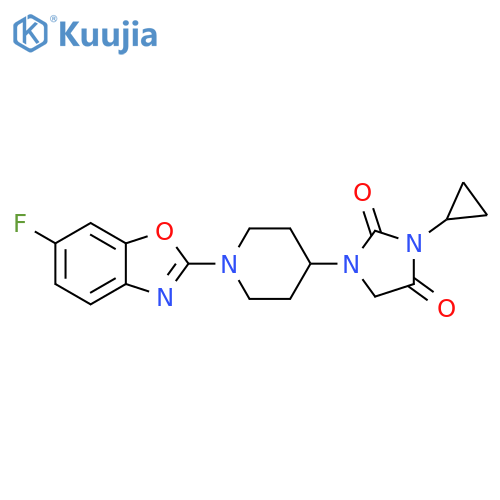 3-cyclopropyl-1-[1-(6-fluoro-1,3-benzoxazol-2-yl)piperidin-4-yl]imidazolidine-2,4-dione structure