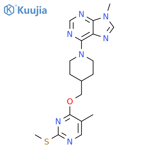 9-methyl-6-[4-({[5-methyl-2-(methylsulfanyl)pyrimidin-4-yl]oxy}methyl)piperidin-1-yl]-9H-purine structure