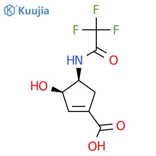 rac-(3R,4S)-3-hydroxy-4-(2,2,2-trifluoroacetamido)cyclopent-1-ene-1-carboxylic acid structure