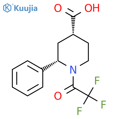 rac-(2R,4S)-2-phenyl-1-(2,2,2-trifluoroacetyl)piperidine-4-carboxylic acid structure