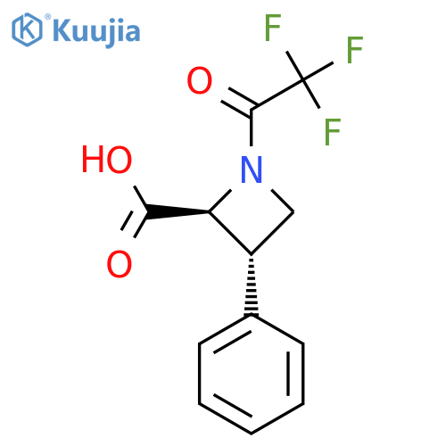 rac-(2R,3R)-3-phenyl-1-(2,2,2-trifluoroacetyl)azetidine-2-carboxylic acid structure