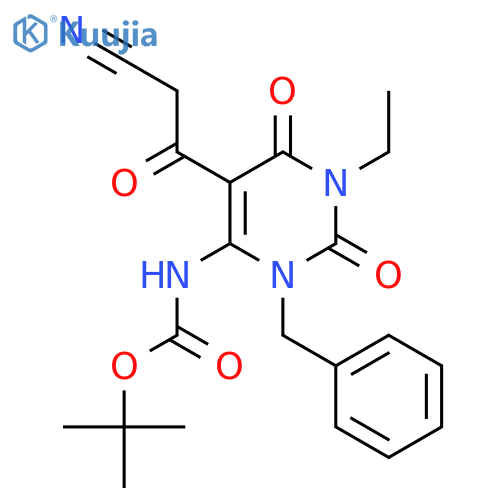 tert-butyl N-3-benzyl-5-(2-cyanoacetyl)-1-ethyl-2,6-dioxo-1,2,3,6-tetrahydropyrimidin-4-ylcarbamate structure