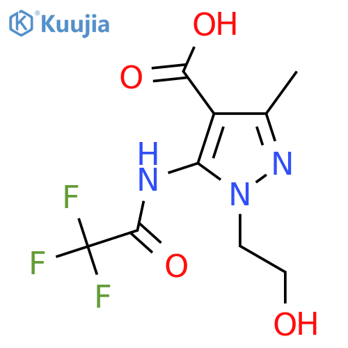 1-(2-hydroxyethyl)-3-methyl-5-(2,2,2-trifluoroacetamido)-1H-pyrazole-4-carboxylic acid structure