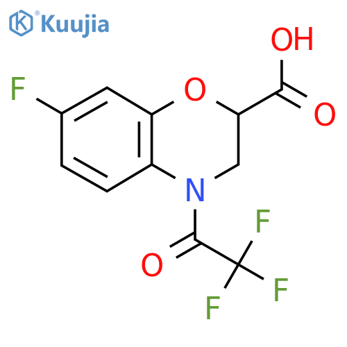 7-fluoro-4-(2,2,2-trifluoroacetyl)-3,4-dihydro-2H-1,4-benzoxazine-2-carboxylic acid structure
