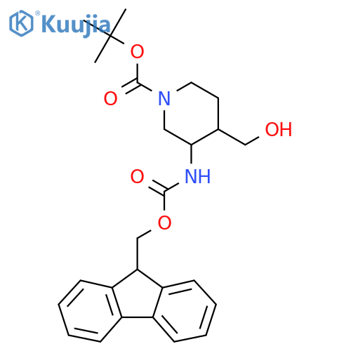 tert-butyl 3-({(9H-fluoren-9-yl)methoxycarbonyl}amino)-4-(hydroxymethyl)piperidine-1-carboxylate structure