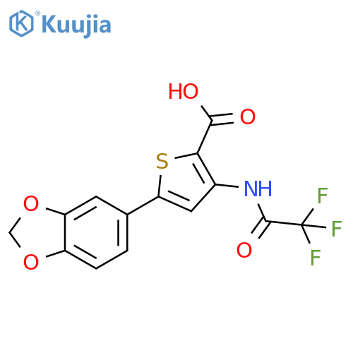 5-(1,3-Dioxaindan-5-yl)-3-(2,2,2-trifluoroacetamido)thiophene-2-carboxylic acid structure