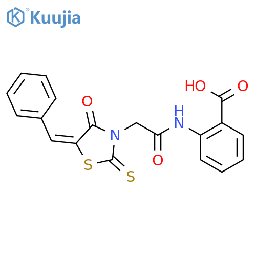 2-{2-(5Z)-4-oxo-5-(phenylmethylidene)-2-sulfanylidene-1,3-thiazolidin-3-ylacetamido}benzoic acid structure