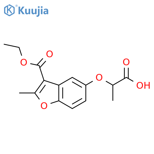 2-{3-(ethoxycarbonyl)-2-methyl-1-benzofuran-5-yloxy}propanoic acid structure