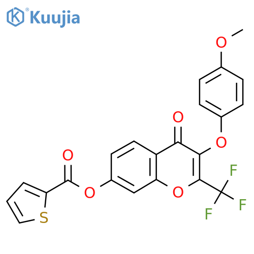 3-(4-methoxyphenoxy)-4-oxo-2-(trifluoromethyl)-4H-chromen-7-yl thiophene-2-carboxylate structure