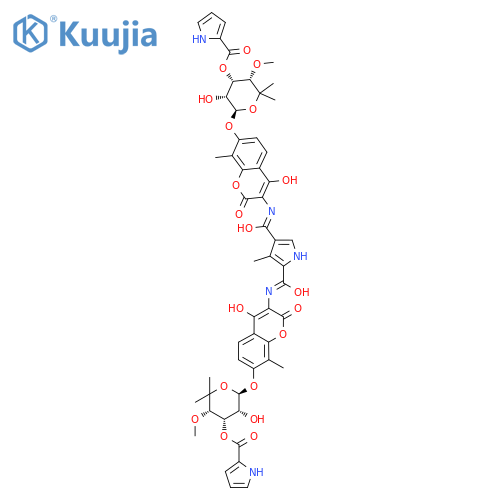 N,N'-Bis[7-[[6-deoxy-5-C-methyl-4-O-methyl-3-O-[(1H-pyrrol-2-yl)carbonyl]-α-L-lyxo-hexopyranosyl]oxy]-4-hydroxy-8-methyl-2-oxo-2H-1-benzopyran-3-yl]-3-methyl-1H-pyrrole-2,4-dicarboxamide structure