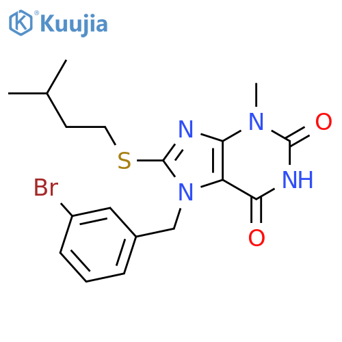 7-(3-bromophenyl)methyl-3-methyl-8-(3-methylbutyl)sulfanyl-2,3,6,7-tetrahydro-1H-purine-2,6-dione structure