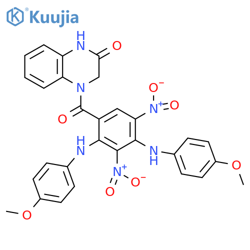 4-{2,4-bis(4-methoxyphenyl)amino-3,5-dinitrobenzoyl}-1,2,3,4-tetrahydroquinoxalin-2-one structure
