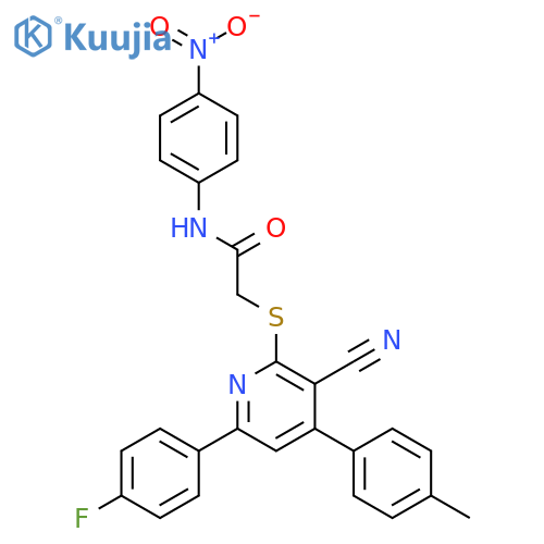 <br>2-[3-Cyano-6-(4-fluoro-phenyl)-4-p-tolyl-pyridin-2-ylsulfanyl]-N-(4-nitro-p henyl)-acetamide structure