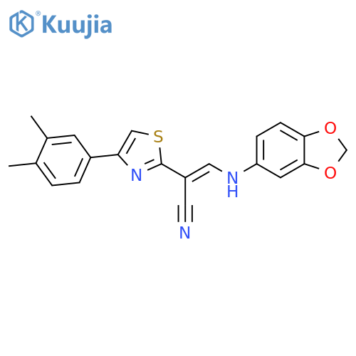 (2E)-3-(2H-1,3-benzodioxol-5-yl)amino-2-4-(3,4-dimethylphenyl)-1,3-thiazol-2-ylprop-2-enenitrile structure