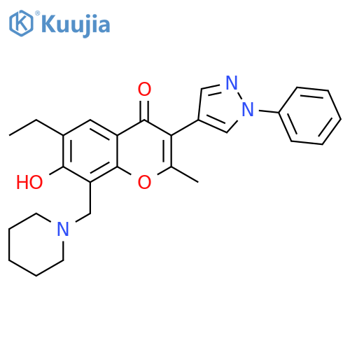 6-ethyl-7-hydroxy-2-methyl-3-(1-phenyl-1H-pyrazol-4-yl)-8-(piperidin-1-yl)methyl-4H-chromen-4-one structure