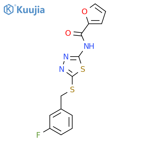 N-(5-{(3-fluorophenyl)methylsulfanyl}-1,3,4-thiadiazol-2-yl)furan-2-carboxamide structure
