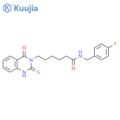 N-(4-fluorophenyl)methyl-6-(4-oxo-2-sulfanylidene-1,2,3,4-tetrahydroquinazolin-3-yl)hexanamide structure
