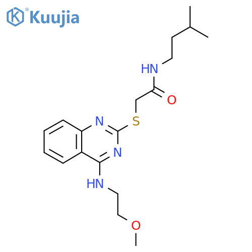 2-({4-(2-methoxyethyl)aminoquinazolin-2-yl}sulfanyl)-N-(3-methylbutyl)acetamide structure