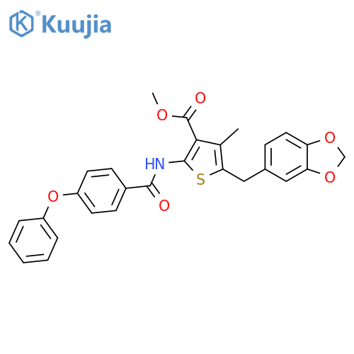 methyl 5-(2H-1,3-benzodioxol-5-yl)methyl-4-methyl-2-(4-phenoxybenzamido)thiophene-3-carboxylate structure