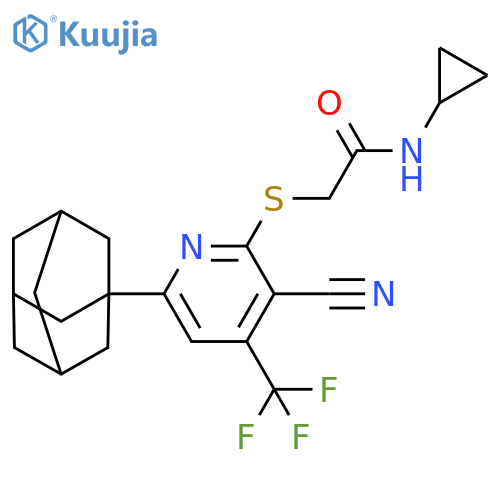2-{[6-(adamantan-1-yl)-3-cyano-4-(trifluoromethyl)pyridin-2-yl]sulfanyl}-N-cyclopropylacetamide structure