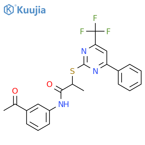 <br>N-(3-Acetyl-phenyl)-2-(4-phenyl-6-trifluoromethyl-pyrimidin-2-ylsulfanyl)-p ropionamide structure