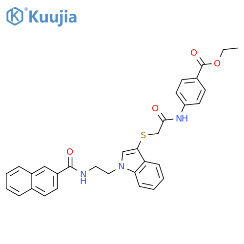 ethyl 4-{2-(1-{2-(naphthalen-2-yl)formamidoethyl}-1H-indol-3-yl)sulfanylacetamido}benzoate structure