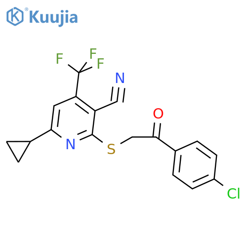 2-{[2-(4-chlorophenyl)-2-oxoethyl]sulfanyl}-6-cyclopropyl-4-(trifluoromethyl)pyridine-3-carbonitrile structure