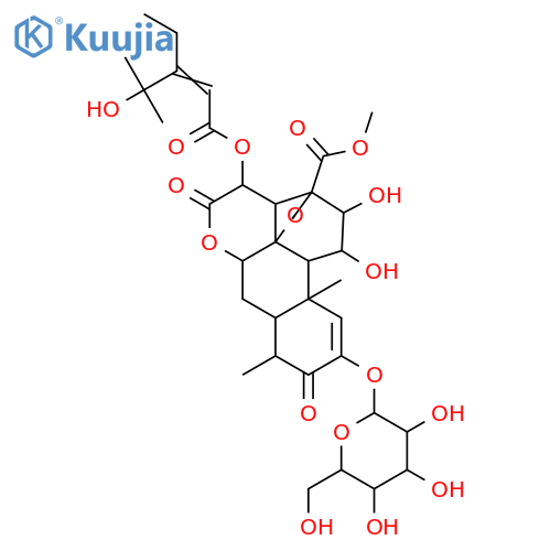 Bruceosin; 15-Deacyl, 15-(3-ethyl-4-hydroxy-4-methyl-2E-pentenoyl), 2-O-β-D-glucopyranoside structure