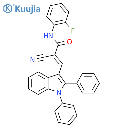 2-cyano-3-(1,2-diphenyl-1H-indol-3-yl)-N-(2-fluorophenyl)prop-2-enamide structure