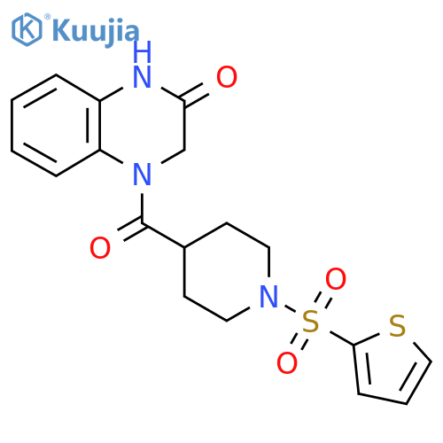 4-1-(thiophene-2-sulfonyl)piperidine-4-carbonyl-1,2,3,4-tetrahydroquinoxalin-2-one structure