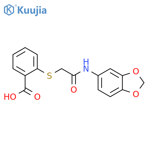 2-({(1,3-dioxaindan-5-yl)carbamoylmethyl}sulfanyl)benzoic acid structure