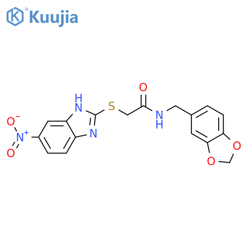<br>N-(1,3-benzodioxol-5-ylmethyl)-2-[(5-nitro-1H-benzimidazol-2-yl)sulfanyl]ac etamide structure