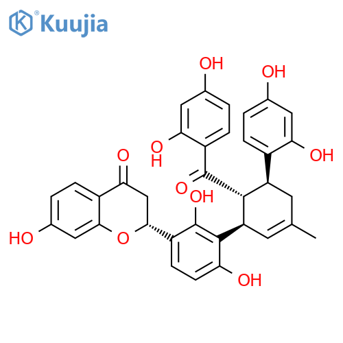 4H-1-Benzopyran-4-one, 2-[3-[(1R,5S,6R)-6-(2,4-dihydroxybenzoyl)-5-(2,4-dihydroxyphenyl)-3-methyl-2-cyclohexen-1-yl]-2,4-dihydroxyphenyl]-2,3-dihydro-7-hydroxy-, (2R)- structure
