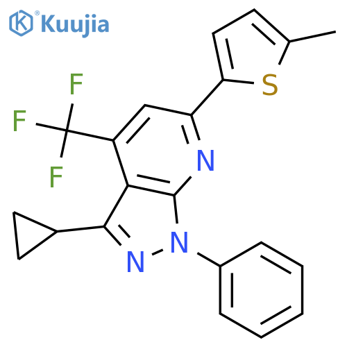 <br>3-Cyclopropyl-6-(5-methyl-thiophen-2-yl)-1-phenyl-4-trifluoromethyl-1H-pyra zolo[3,4-b]pyridine structure