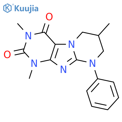 1,3,7-trimethyl-9-phenyl-1H,2H,3H,4H,6H,7H,8H,9H-pyrimido1,2-gpurine-2,4-dione structure