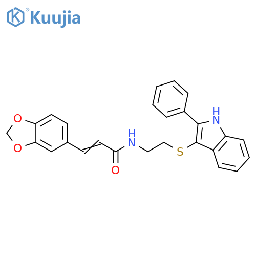 (2E)-3-(2H-1,3-benzodioxol-5-yl)-N-{2-(2-phenyl-1H-indol-3-yl)sulfanylethyl}prop-2-enamide structure