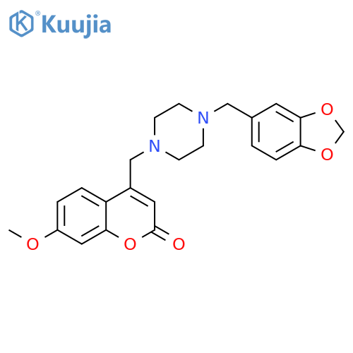 4-({4-(2H-1,3-benzodioxol-5-yl)methylpiperazin-1-yl}methyl)-7-methoxy-2H-chromen-2-one structure