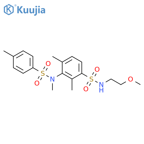 N-(2-methoxyethyl)-2,4-dimethyl-3-(N-methyl4-methylbenzenesulfonamido)benzene-1-sulfonamide structure