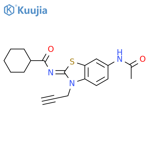 N-(2Z)-6-acetamido-3-(prop-2-yn-1-yl)-2,3-dihydro-1,3-benzothiazol-2-ylidenecyclohexanecarboxamide structure