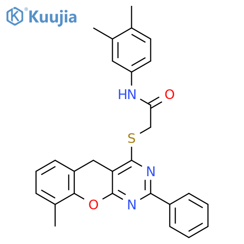 N-(3,4-dimethylphenyl)-2-({9-methyl-2-phenyl-5H-chromeno2,3-dpyrimidin-4-yl}sulfanyl)acetamide structure