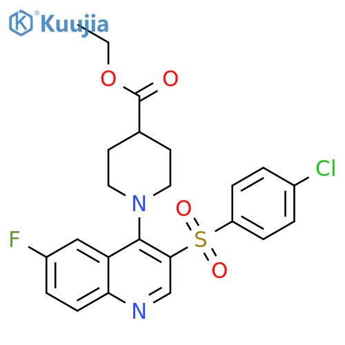 ethyl 1-3-(4-chlorobenzenesulfonyl)-6-fluoroquinolin-4-ylpiperidine-4-carboxylate structure