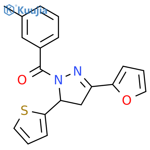 3-(furan-2-yl)-1-(3-methylbenzoyl)-5-(thiophen-2-yl)-4,5-dihydro-1H-pyrazole structure
