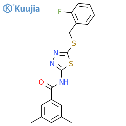 N-(5-{(2-fluorophenyl)methylsulfanyl}-1,3,4-thiadiazol-2-yl)-3,5-dimethylbenzamide structure