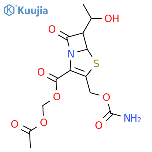 4-Thia-1-azabicyclo[3.2.0]hept-2-ene-2-carboxylicacid, 3-[[(aminocarbonyl)oxy]methyl]-6-[(1R)-1-hydroxyethyl]-7-oxo-,(acetyloxy)methyl ester, (5R,6S)- structure
