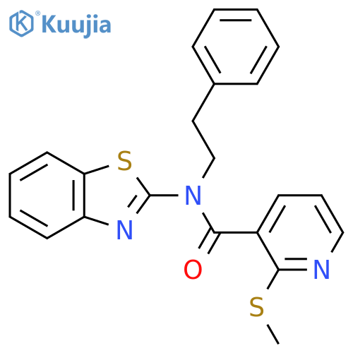 N-(1,3-benzothiazol-2-yl)-2-(methylsulfanyl)-N-(2-phenylethyl)pyridine-3-carboxamide structure