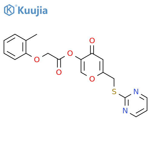 4-oxo-6-(pyrimidin-2-ylsulfanyl)methyl-4H-pyran-3-yl 2-(2-methylphenoxy)acetate structure