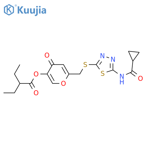 6-{(5-cyclopropaneamido-1,3,4-thiadiazol-2-yl)sulfanylmethyl}-4-oxo-4H-pyran-3-yl 2-ethylbutanoate structure
