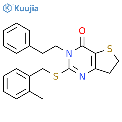 2-{(2-methylphenyl)methylsulfanyl}-3-(2-phenylethyl)-3H,4H,6H,7H-thieno3,2-dpyrimidin-4-one structure