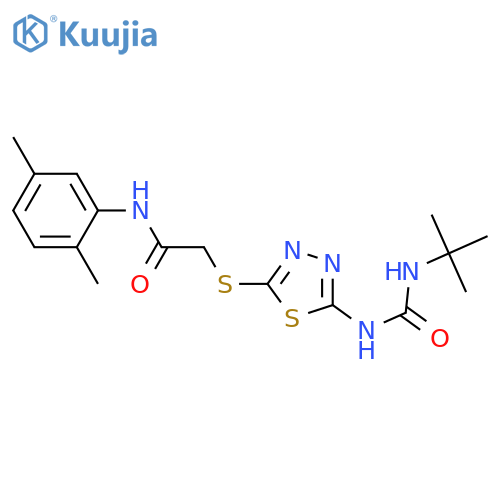 2-({5-(tert-butylcarbamoyl)amino-1,3,4-thiadiazol-2-yl}sulfanyl)-N-(2,5-dimethylphenyl)acetamide structure