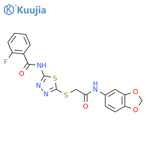 N-5-({(2H-1,3-benzodioxol-5-yl)carbamoylmethyl}sulfanyl)-1,3,4-thiadiazol-2-yl-2-fluorobenzamide structure